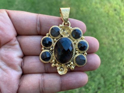 Smoky Topaz Gemstone Pendant, 14k Brushed Gold Overlay, Natural Stone Pendant,Necklace Pendant,Birthstone Pendant, Ethnic Jewelry from Nepal