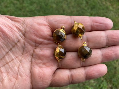 14mm Faceted Tiger Eye Bead, Two sided Bail, Gold Electroplated, Guru/Mala/Center Bead, Bracelet Charm, Bead for Chain Necklace or Earring