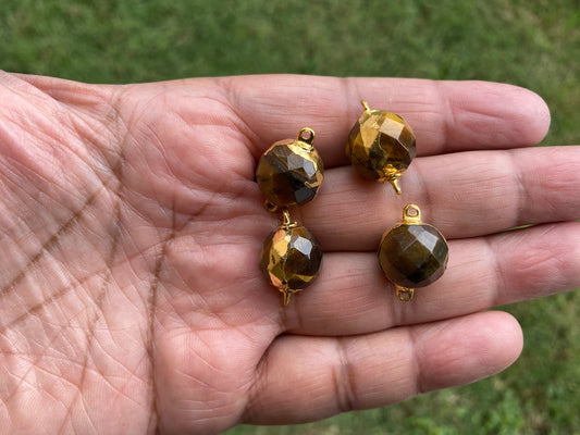14mm Faceted Tiger Eye Bead, Two sided Bail, Gold Electroplated, Guru/Mala/Center Bead, Bracelet Charm, Bead for Chain Necklace or Earring