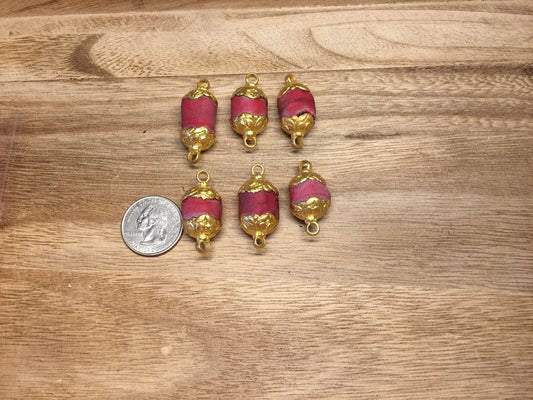 14mm Red Coral Nepal Connector Beads, Matte Gold overlay, Himalayan Ethnic Tribe Boho Jewelry, Beads for Necklace, Jewelry making Supplies