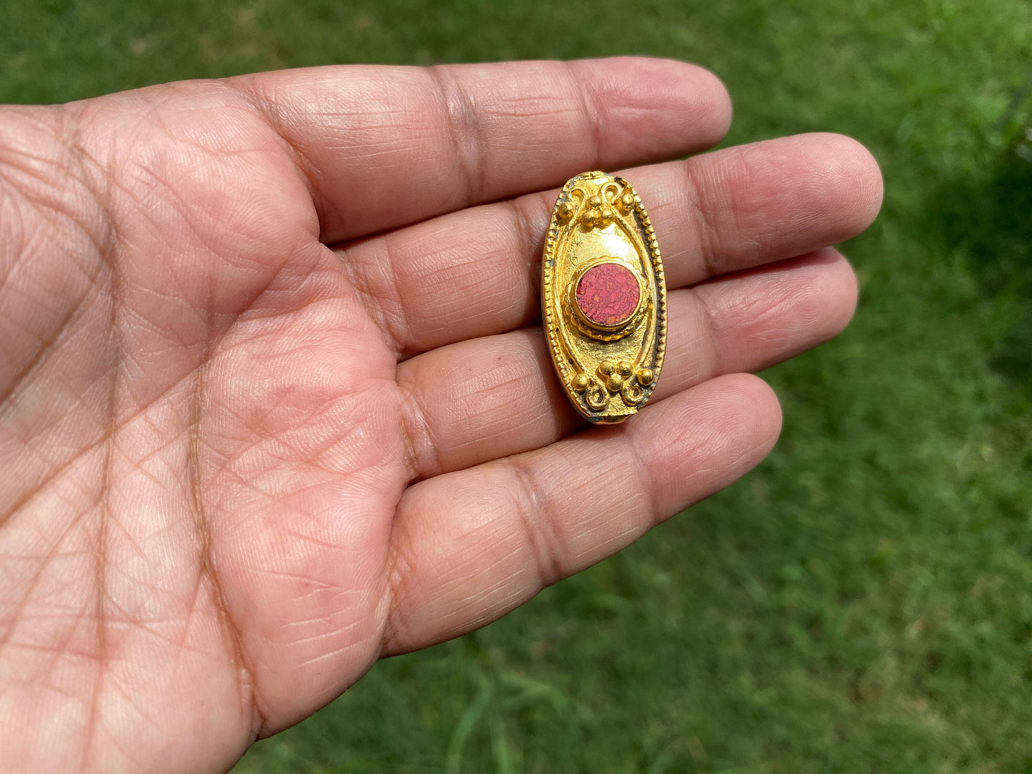 18K Brushed Gold Overlay Nepal Beads, Turquoise with Coral Inlaid Bead, Handmade Bead From Nepal, Gorgeous Guru Bead for Necklace or Earring
