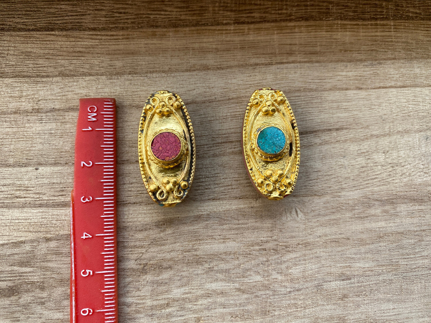 18K Brushed Gold Overlay Nepal Beads, Turquoise with Coral Inlaid Bead, Handmade Bead From Nepal, Gorgeous Guru Bead for Necklace or Earring
