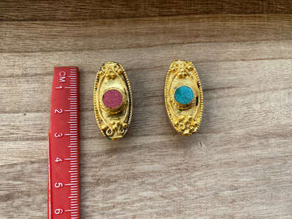 18K Brushed Gold Overlay Nepal Beads, Turquoise with Coral Inlaid Bead, Handmade Bead From Nepal, Gorgeous Guru Bead for Necklace or Earring