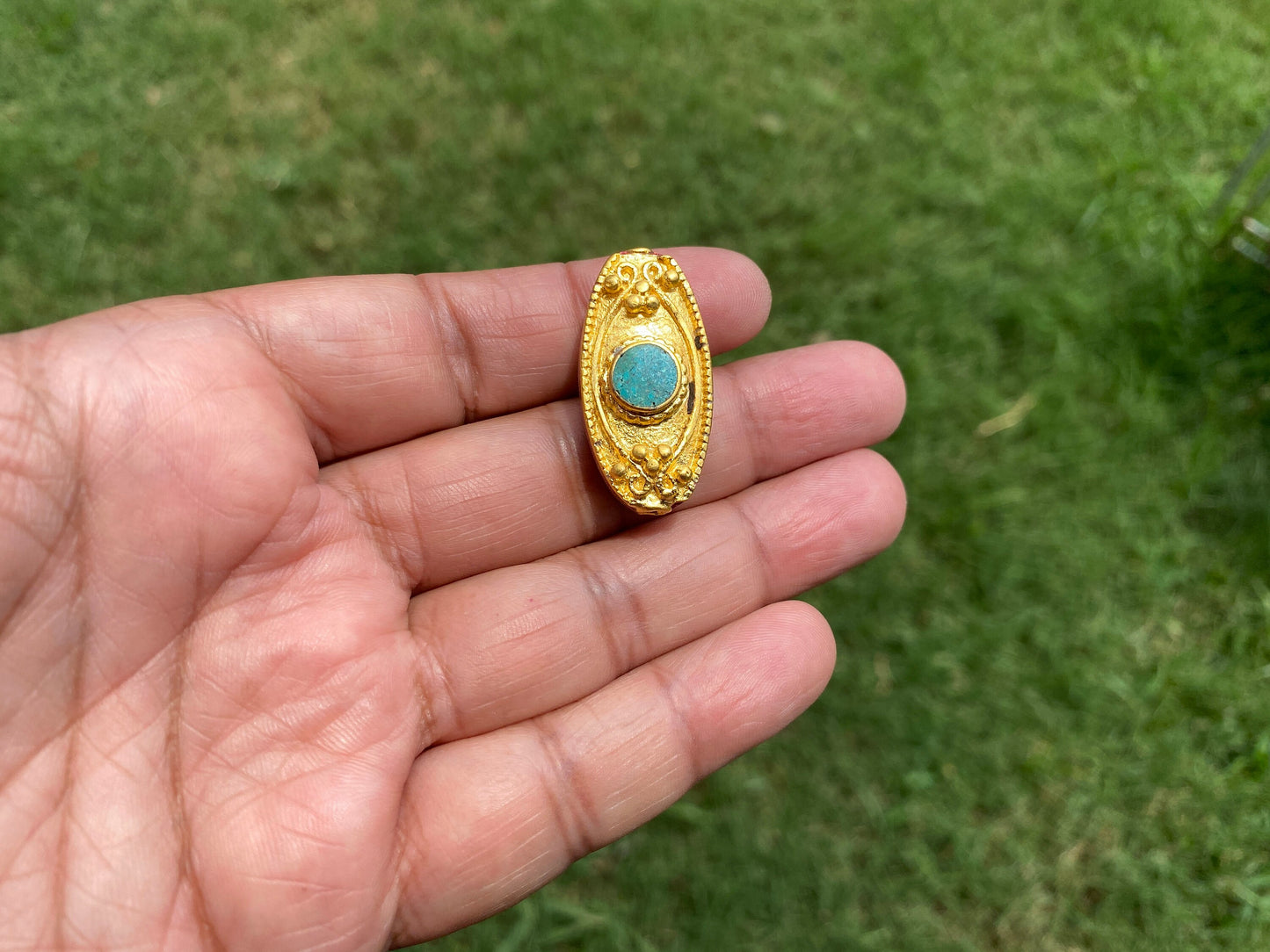 18K Brushed Gold Overlay Nepal Beads, Turquoise with Coral Inlaid Bead, Handmade Bead From Nepal, Gorgeous Guru Bead for Necklace or Earring