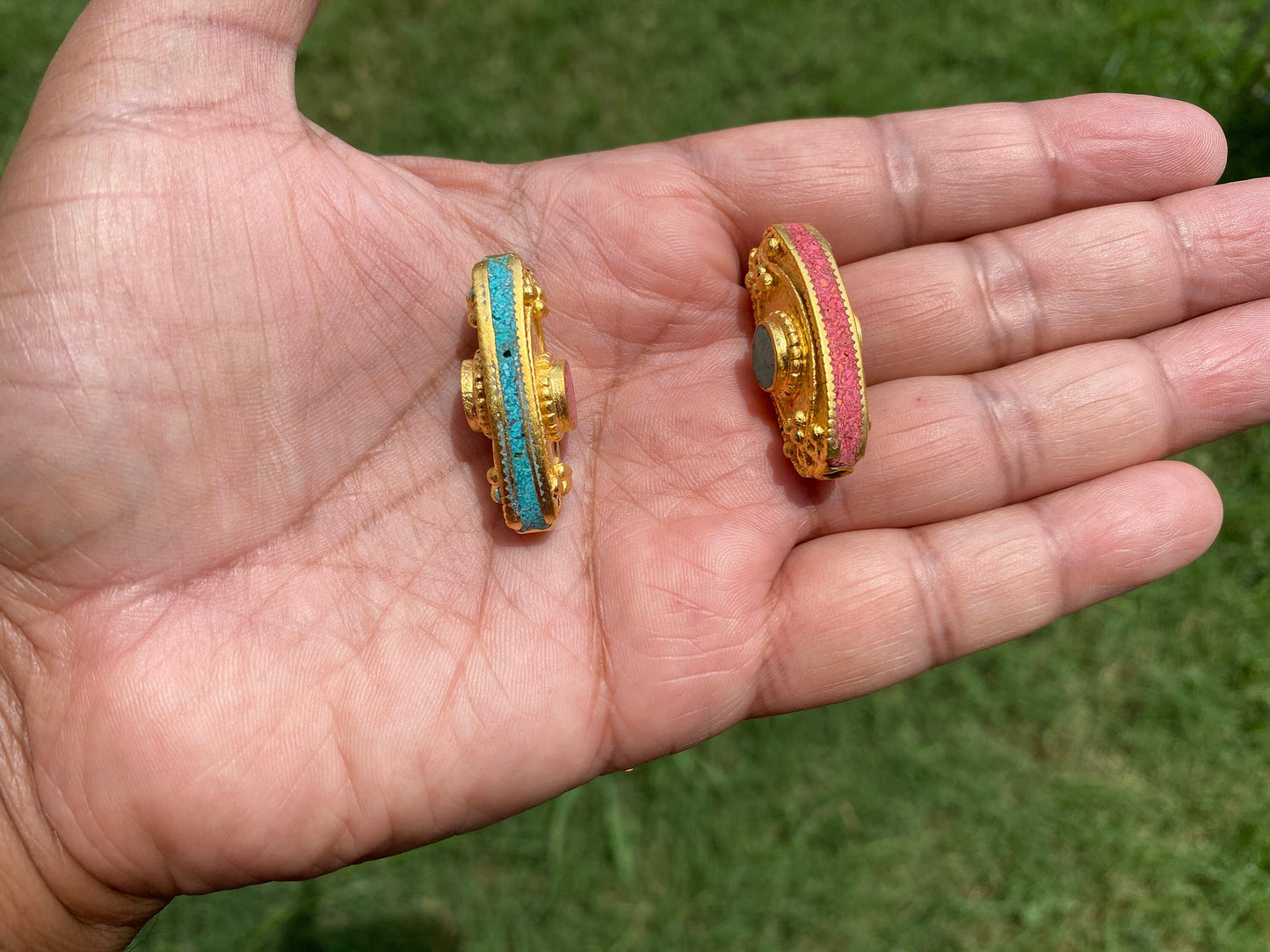 18K Brushed Gold Overlay Nepal Beads, Turquoise with Coral Inlaid Bead, Handmade Bead From Nepal, Gorgeous Guru Bead for Necklace or Earring