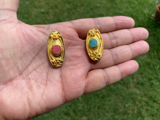 18K Brushed Gold Overlay Nepal Beads, Turquoise with Coral Inlaid Bead, Handmade Bead From Nepal, Gorgeous Guru Bead for Necklace or Earring
