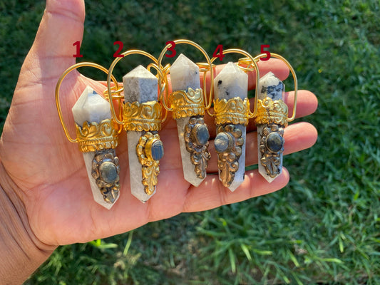 Pointed Natural Moonstone with Labradorite Gemstone,  18K Brushed Gold Overlay Pendant, Rainbow Moonstone Point Pendant, Healing Crystal