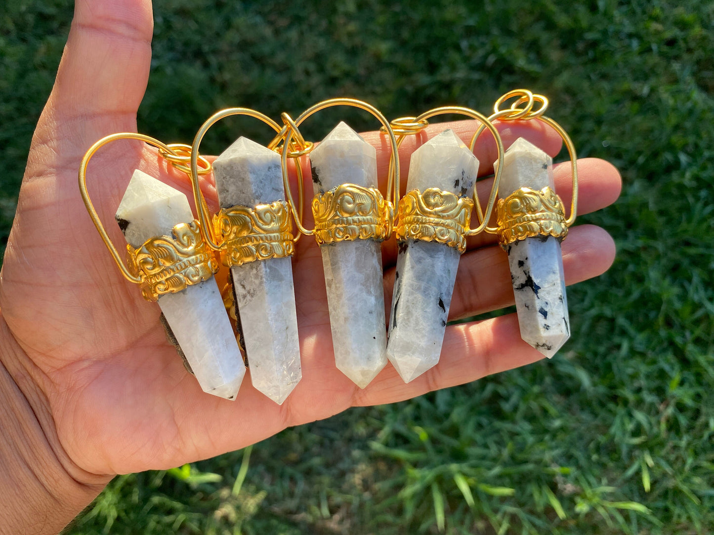 Pointed Natural Moonstone with Labradorite Gemstone,  18K Brushed Gold Overlay Pendant, Rainbow Moonstone Point Pendant, Healing Crystal