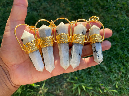 Pointed Natural Moonstone with Labradorite Gemstone,  18K Brushed Gold Overlay Pendant, Rainbow Moonstone Point Pendant, Healing Crystal