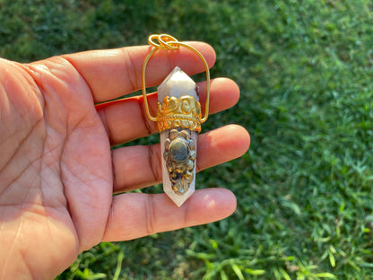 Pointed Natural Moonstone with Labradorite Gemstone,  18K Brushed Gold Overlay Pendant, Rainbow Moonstone Point Pendant, Healing Crystal