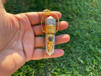 Pointed Natural Moonstone with Labradorite Gemstone,  18K Brushed Gold Overlay Pendant, Rainbow Moonstone Point Pendant, Healing Crystal
