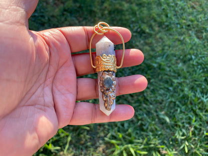 Pointed Natural Moonstone with Labradorite Gemstone,  18K Brushed Gold Overlay Pendant, Rainbow Moonstone Point Pendant, Healing Crystal