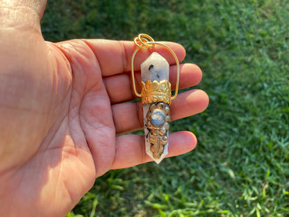 Pointed Natural Moonstone with Labradorite Gemstone,  18K Brushed Gold Overlay Pendant, Rainbow Moonstone Point Pendant, Healing Crystal