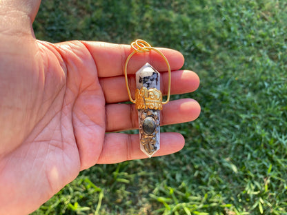 Pointed Natural Moonstone with Labradorite Gemstone,  18K Brushed Gold Overlay Pendant, Rainbow Moonstone Point Pendant, Healing Crystal