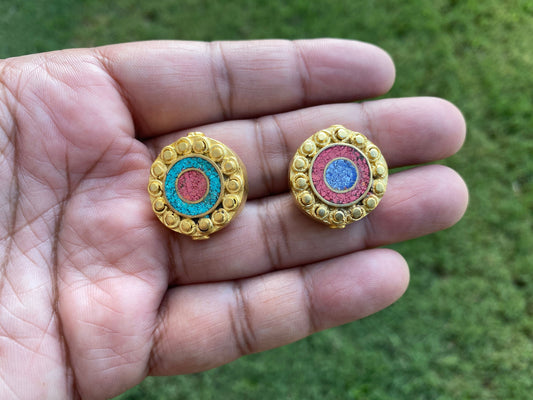 Himalayan Handmade Beads, 18K Brushed Gold Overlay over Brass with Anti Tarnish Bead, Coral with Turquoise or Lapis Inlay Bead for Necklace
