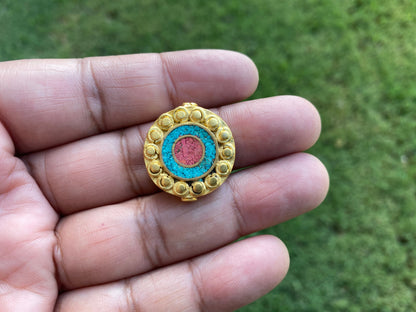 Himalayan Handmade Beads, 18K Brushed Gold Overlay over Brass with Anti Tarnish Bead, Coral with Turquoise or Lapis Inlay Bead for Necklace