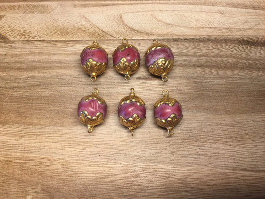 18mm Red Coral Tibetan Bead, Two sided Connector, Gold overlay, Beads for Necklace or Bracelet Charm, Himalayan Ethnic Tribe Boho Jewelry