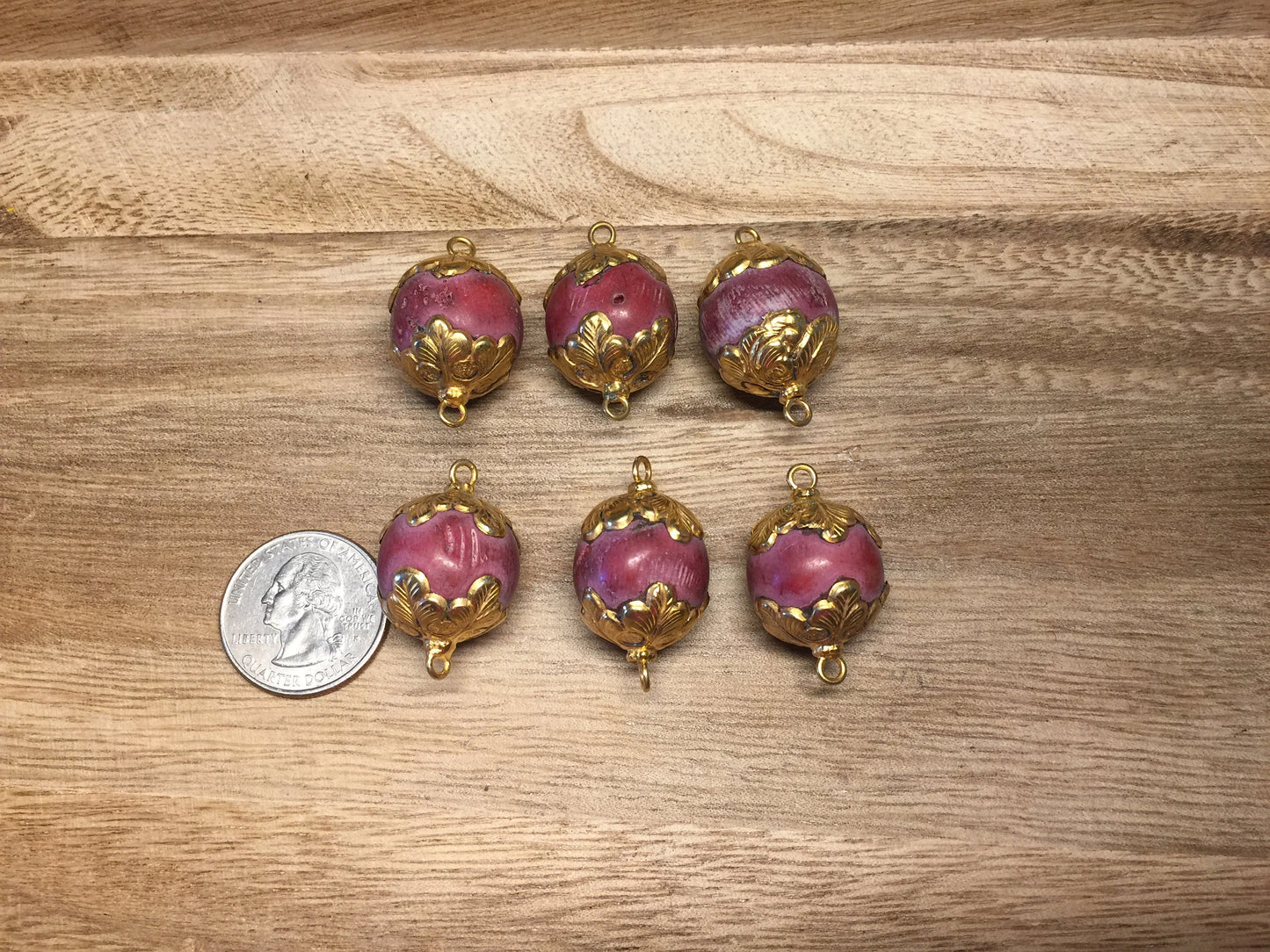18mm Red Coral Tibetan Bead, Two sided Connector, Gold overlay, Beads for Necklace or Bracelet Charm, Himalayan Ethnic Tribe Boho Jewelry