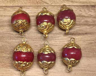 19mm African Glass Bead, 18K Gold overlay, Ethnic Tribal Boho Tibetan Design, Bead for Necklace or Bracelet, Guru / Mala / Center Bead, Yoga