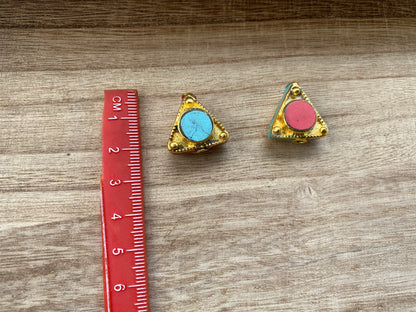 20mm Triangular Shape Nepal Beads, 18K Brushed Gold Overlay Over Brass Bead, Turquoise with Coral inlay Bead, Tibetan Handcrafted Bead, Boho