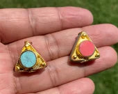 20mm Triangular Shape Nepal Beads, 18K Brushed Gold Overlay Over Brass Bead, Turquoise with Coral inlay Bead, Tibetan Handcrafted Bead, Boho