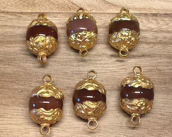 20mm Carnelian Gemstone Bead,  Two sided Bail Connector, 18K Matte Gold overlay, Tibetan Nepal Ethnic Designs, Beads for Necklace Bracelet