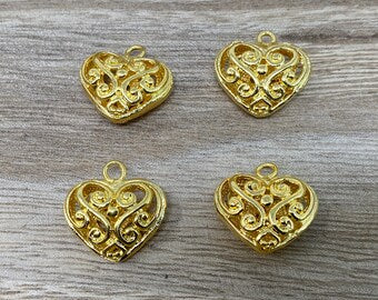 21x20mm, 18k Shiny Gold, Filigree Heart Charms, Gold Heart Charms, Heart Necklace Charms, Bracelet Charms, Gold Plated Finding, Anti Tarnish