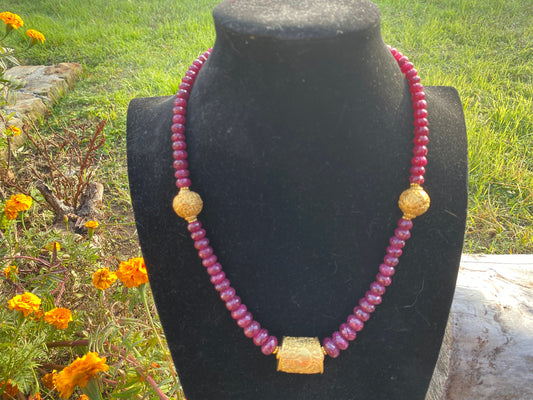 22" Premium Ruby Precious Gemstone Necklace with Himalayan Handcrafted 18K Brushed Gold Overlay Focal Beads, Faceted Rondell Beaded Necklace