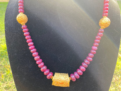 22" Premium Ruby Precious Gemstone Necklace with Himalayan Handcrafted 18K Brushed Gold Overlay Focal Beads, Faceted Rondell Beaded Necklace