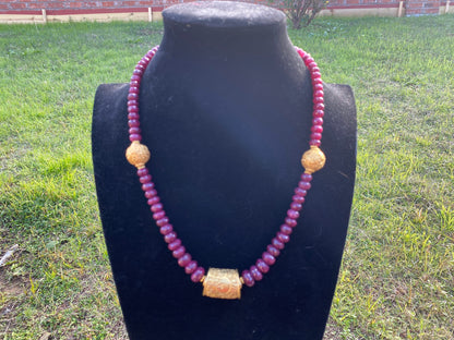 22" Premium Ruby Precious Gemstone Necklace with Himalayan Handcrafted 18K Brushed Gold Overlay Focal Beads, Faceted Rondell Beaded Necklace
