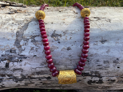 22" Premium Ruby Precious Gemstone Necklace with Himalayan Handcrafted 18K Brushed Gold Overlay Focal Beads, Faceted Rondell Beaded Necklace