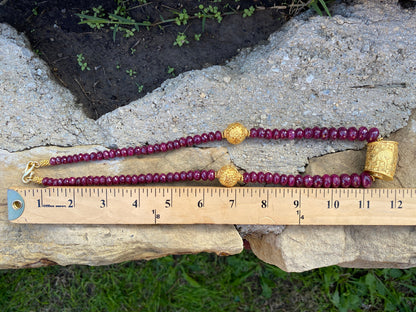 22" Premium Ruby Precious Gemstone Necklace with Himalayan Handcrafted 18K Brushed Gold Overlay Focal Beads, Faceted Rondell Beaded Necklace
