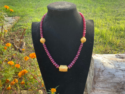 22" Premium Ruby Precious Gemstone Necklace with Himalayan Handcrafted 18K Brushed Gold Overlay Focal Beads, Faceted Rondell Beaded Necklace