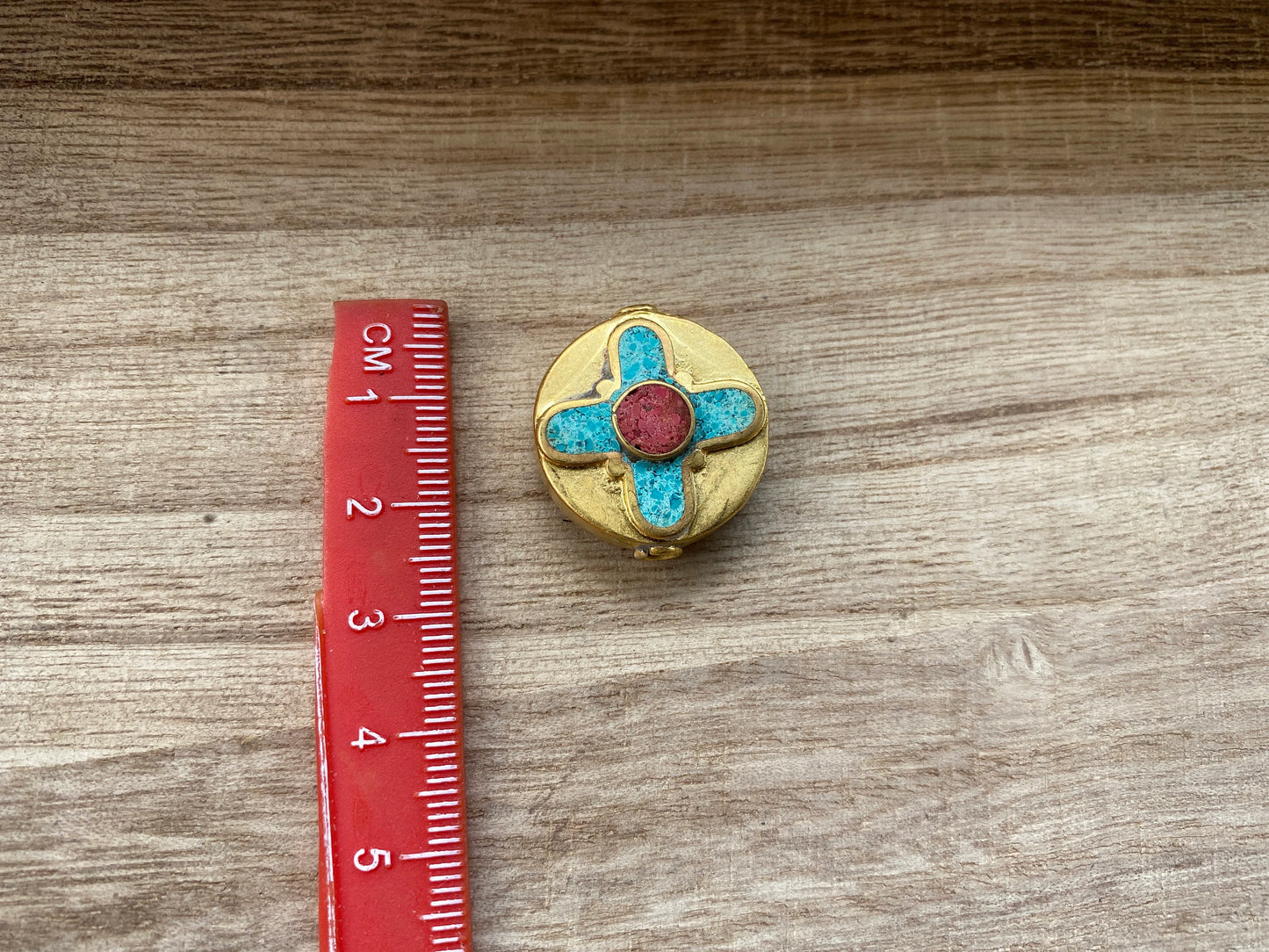 22mm Tibetan Beads, High Quality 18K Brushed Gold Overlay Bead with Anti Tarnish,Turquoise with Coral Inlay Bead,Beads for Necklace,Bracelet