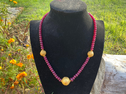 24" Premium Graduated Ruby Precious Gemstone Necklace with 18k Brushed Gold Overlay Carved Focal Beads, Faceted Rondell Beaded Necklace