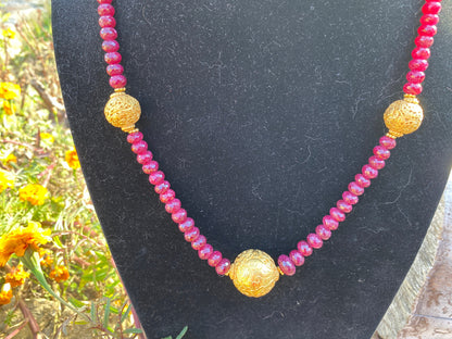 24" Premium Graduated Ruby Precious Gemstone Necklace with 18k Brushed Gold Overlay Carved Focal Beads, Faceted Rondell Beaded Necklace