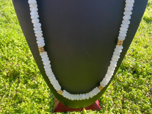 28" Long 10mm Faceted Rainbow Moonstone Beads Necklace, 18K Brushed Gold Overlay Focal Beads Necklace, Rondel White Gemstone Women necklace