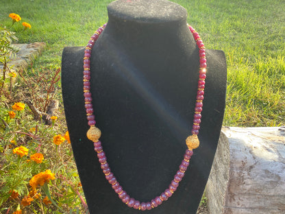 28" Premium Graduated Ruby Precious Gemstone Necklace with 18K Brushed Gold Overlay Carved Focal Bead, Faceted Rondell Ruby Beaded Necklace