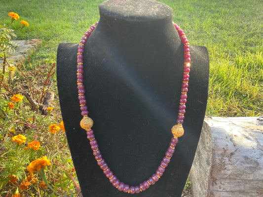 28" Premium Graduated Ruby Precious Gemstone Necklace with 18K Brushed Gold Overlay Carved Focal Bead, Faceted Rondell Ruby Beaded Necklace