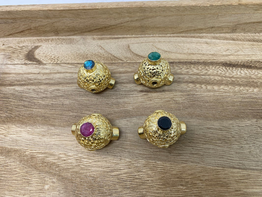 28mm Round Shapes Nepal Bead, Labradorite/ Emerald/ Ruby/Black Onyx Gemstones, 14K Matte Gold overlay, Handcrafted Tibetan Bead for Necklace