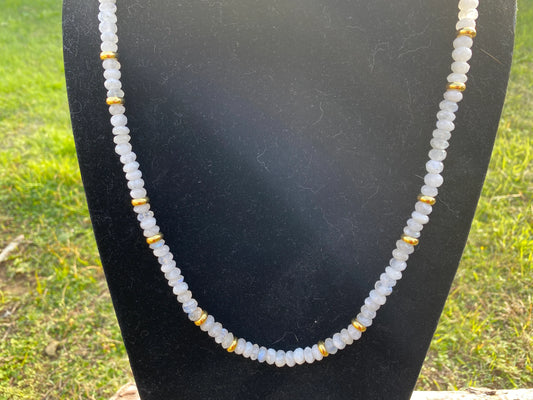 30" Long 8mm Faceted Rainbow Moonstone Beads Necklace, 18K Brushed Gold Overlay Focal Beads Necklace, Rondel White Gemstone Women Necklace