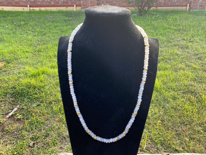 30" Long 8mm Faceted Rainbow Moonstone Beads Necklace, 18K Brushed Gold Overlay Focal Beads Necklace, Rondel White Gemstone Women Necklace