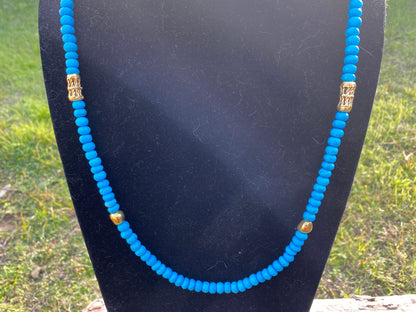 30" Long 8mm Natural Turquoise Wit African Bead Necklace, Faceted Round Shape Beads, 18k Brushed Gold Overlay Ghana Beads, Beaded Necklace