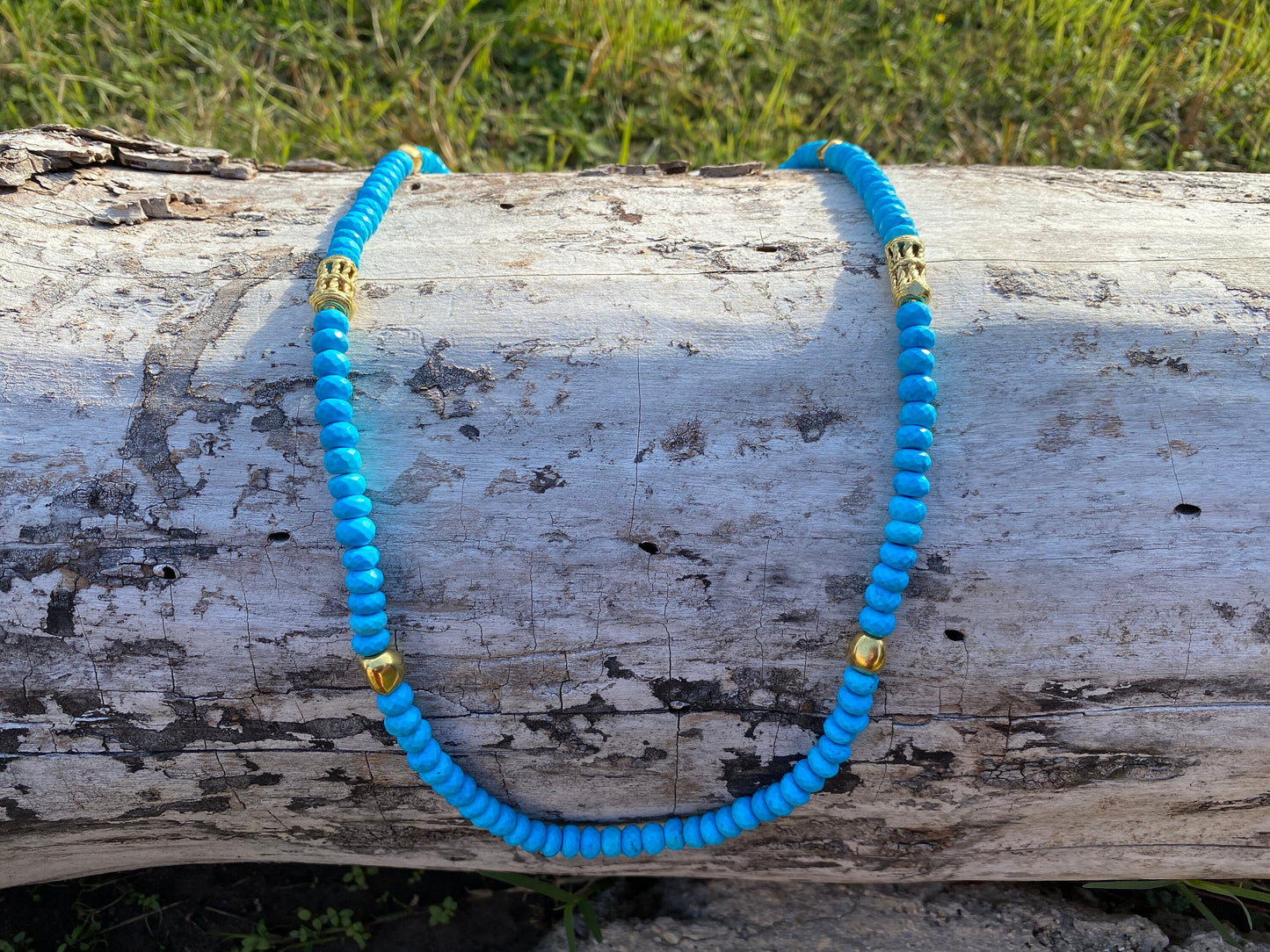 30" Long 8mm Natural Turquoise Wit African Bead Necklace, Faceted Round Shape Beads, 18k Brushed Gold Overlay Ghana Beads, Beaded Necklace