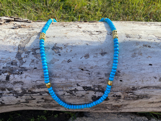 30" Long 8mm Natural Turquoise Wit African Bead Necklace, Faceted Round Shape Beads, 18k Brushed Gold Overlay Ghana Beads, Beaded Necklace