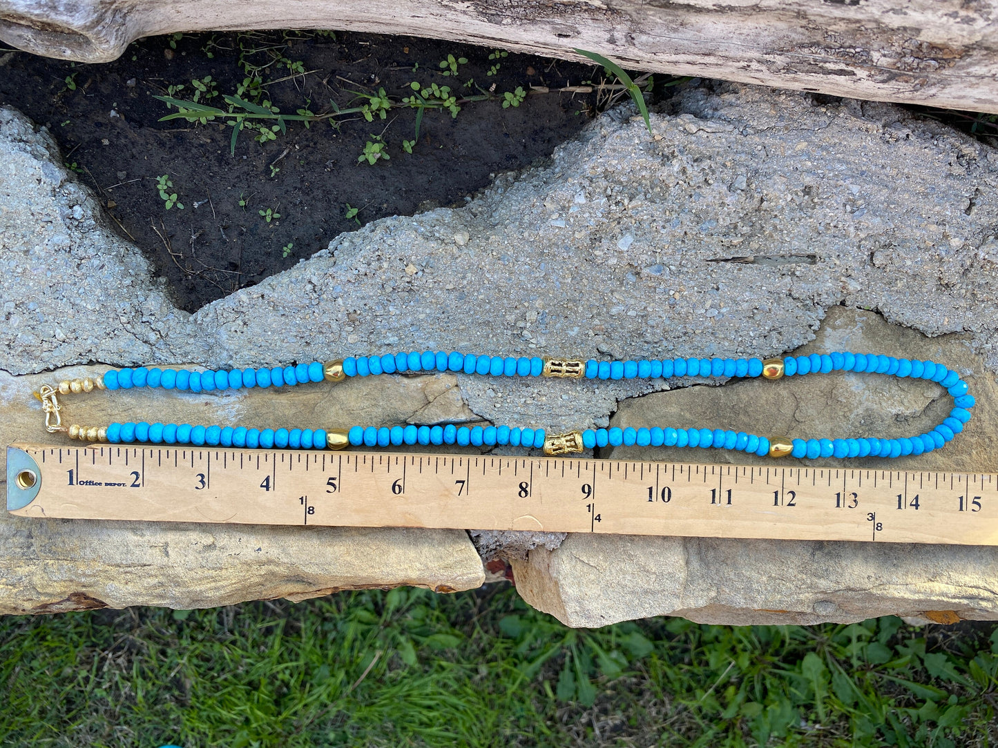 30" Long 8mm Natural Turquoise Wit African Bead Necklace, Faceted Round Shape Beads, 18k Brushed Gold Overlay Ghana Beads, Beaded Necklace