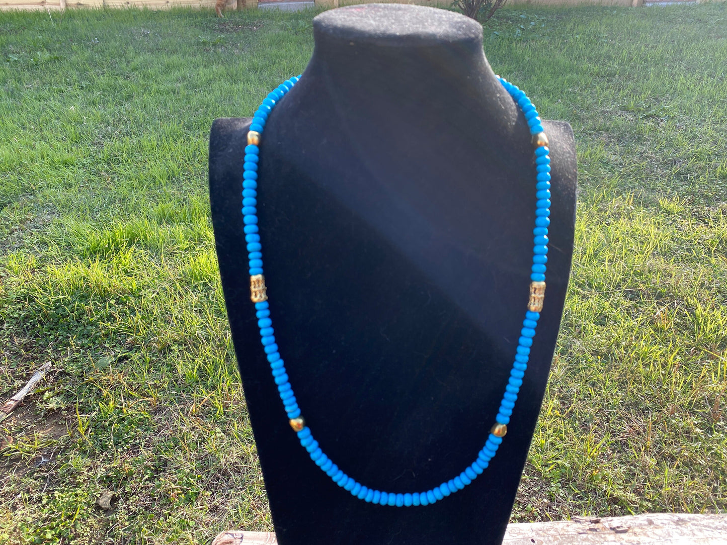 30" Long 8mm Natural Turquoise Wit African Bead Necklace, Faceted Round Shape Beads, 18k Brushed Gold Overlay Ghana Beads, Beaded Necklace