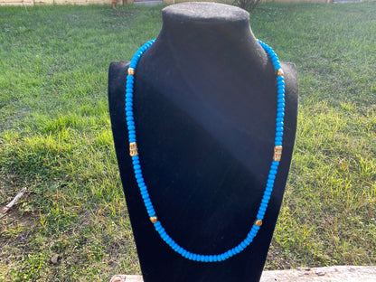 30" Long 8mm Natural Turquoise Wit African Bead Necklace, Faceted Round Shape Beads, 18k Brushed Gold Overlay Ghana Beads, Beaded Necklace