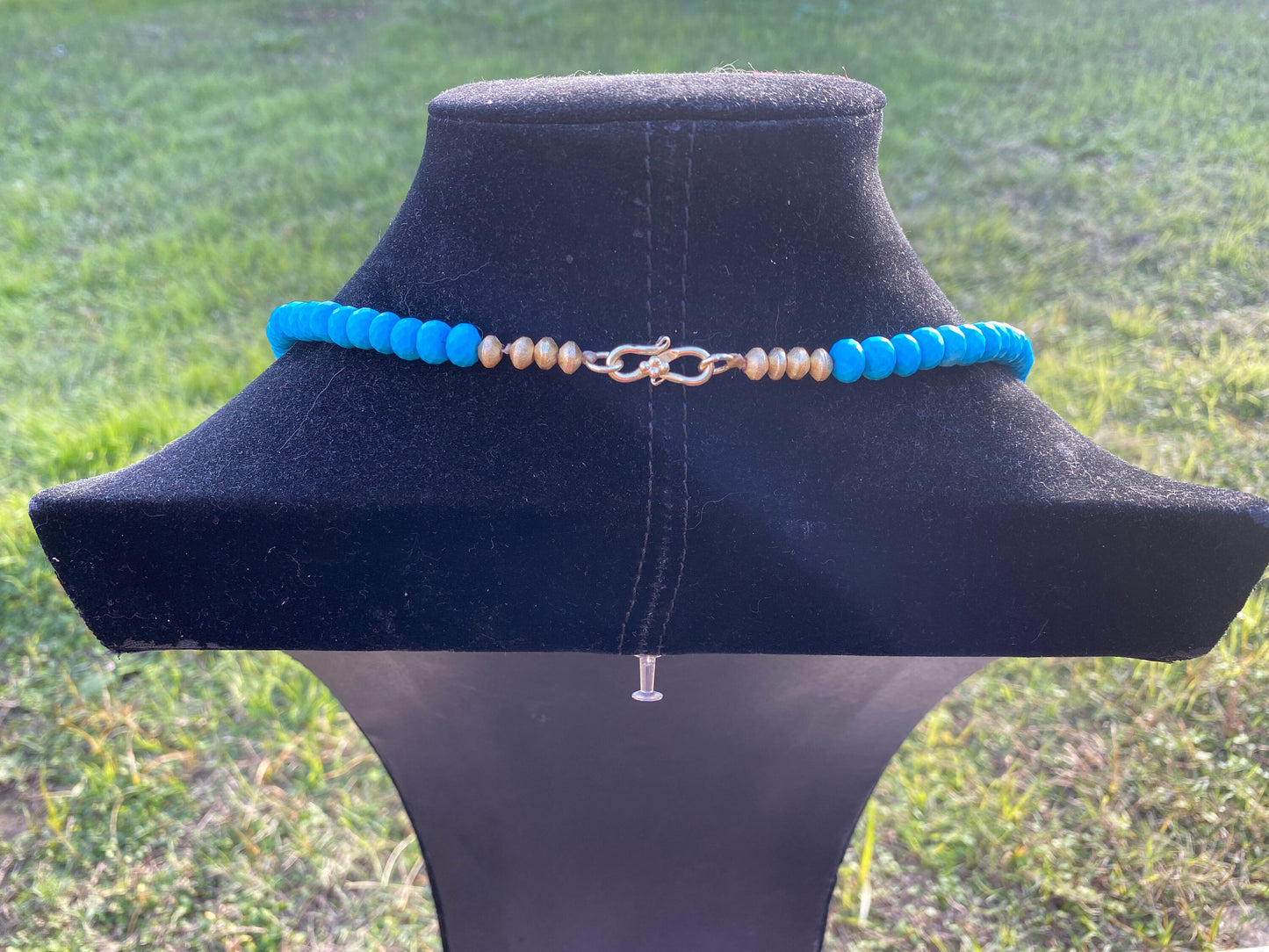 30" Long 8mm Natural Turquoise Wit African Bead Necklace, Faceted Round Shape Beads, 18k Brushed Gold Overlay Ghana Beads, Beaded Necklace