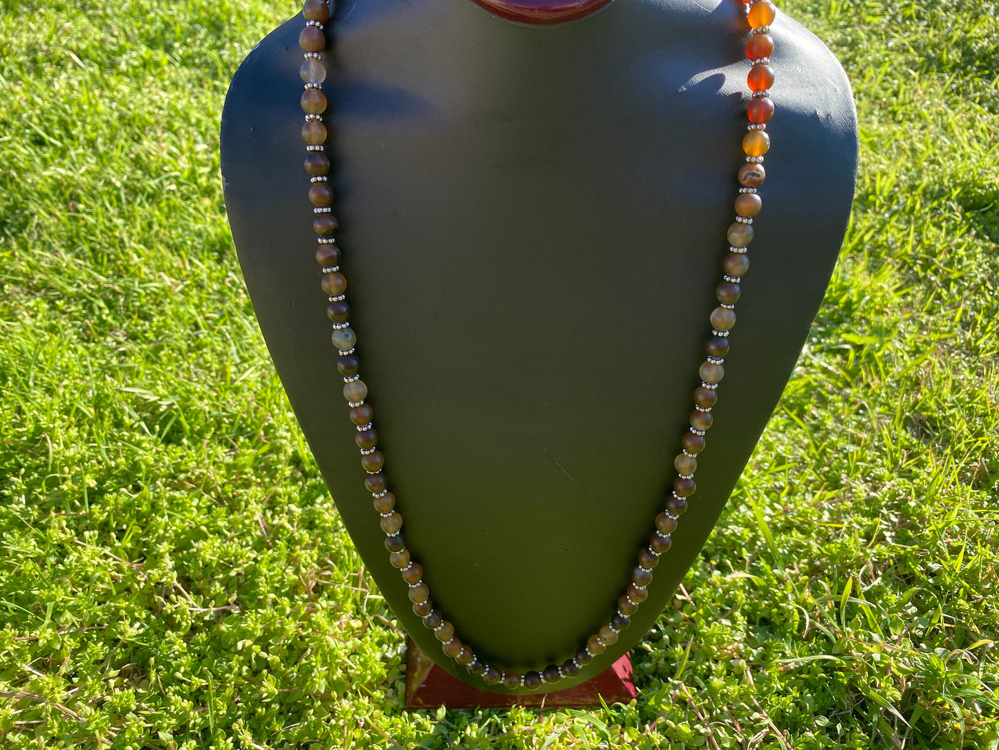 30" Long 8 mm Round Shape Agate Necklace, Silver Overlay S-Hook Closure, Beaded Necklace, Bohemian Style, Handcrafted Jewelry,